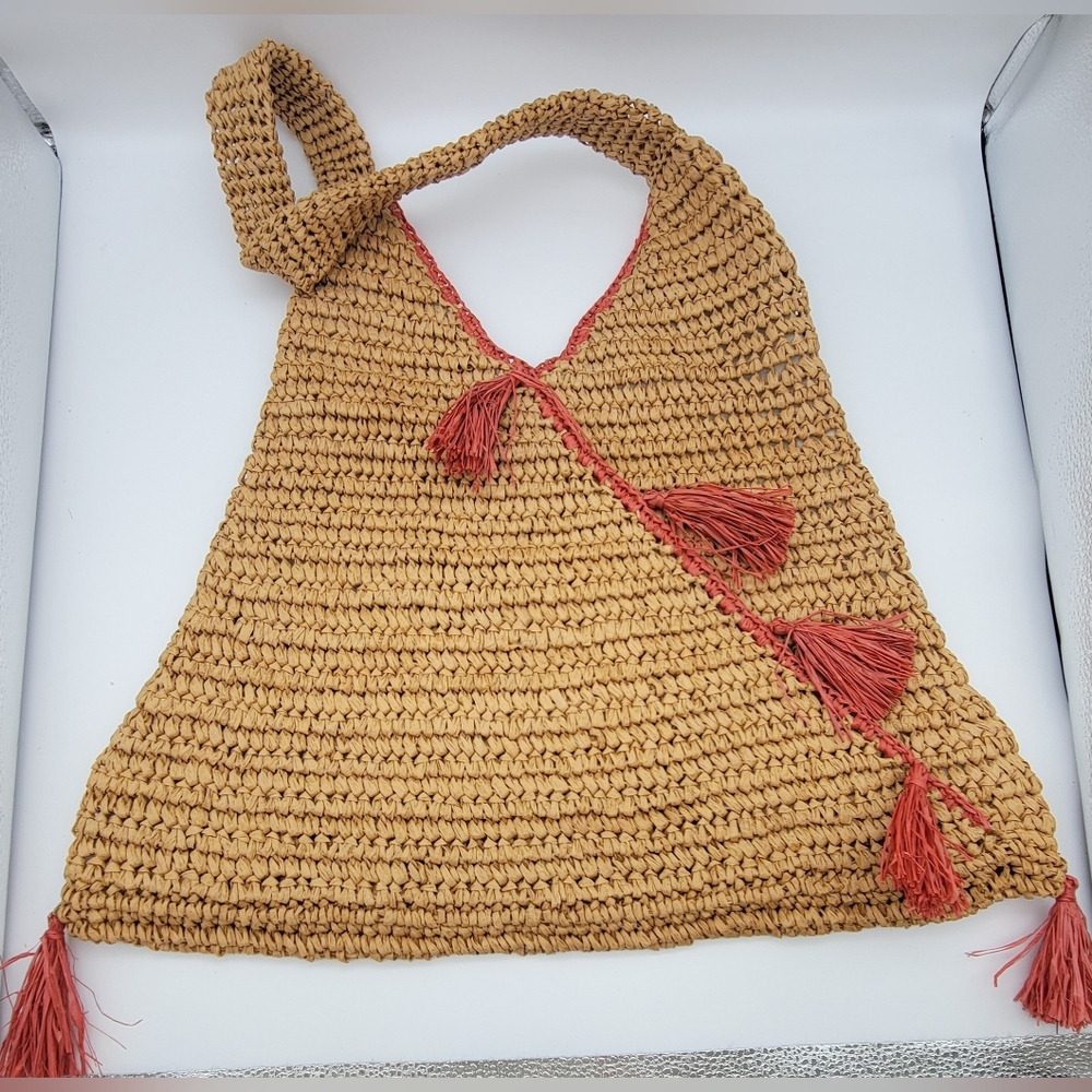 Buji Baja Handcrafted Tan and Coral Raffia Woven Bag